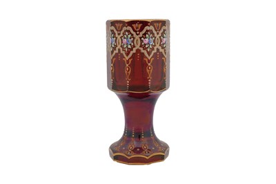 Lot 105 - A GILT RUBY GLASS FACETED BEAKER WITH FLOWERS