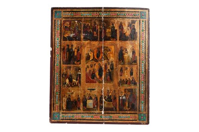 Lot 153 - A RUSSIAN ICON DEPICTING THE TWELVE FEASTS OF THE ORTHODOX CHURCH