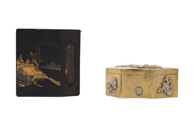 Lot 139 - A JAPANESE KOMAI - STYLE BOX AND A BRASS FAN-SHAPED BOX