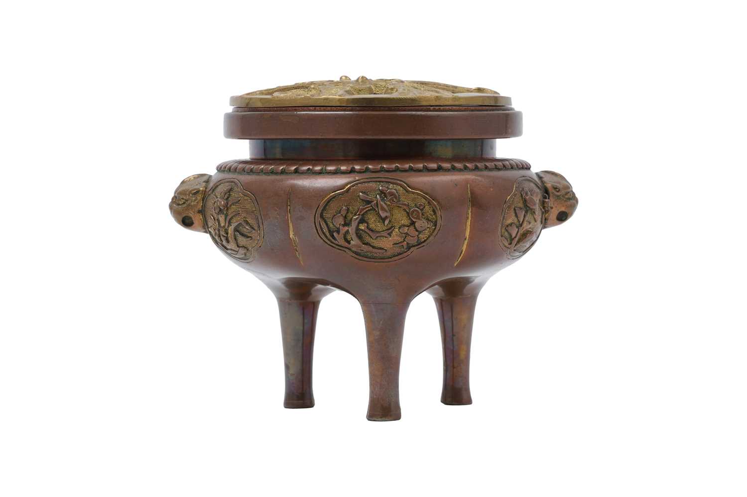 Lot 39 - A CHINESE PARCEL-GILT BRONZE SAWASA INCENSE BURNER AND COVER