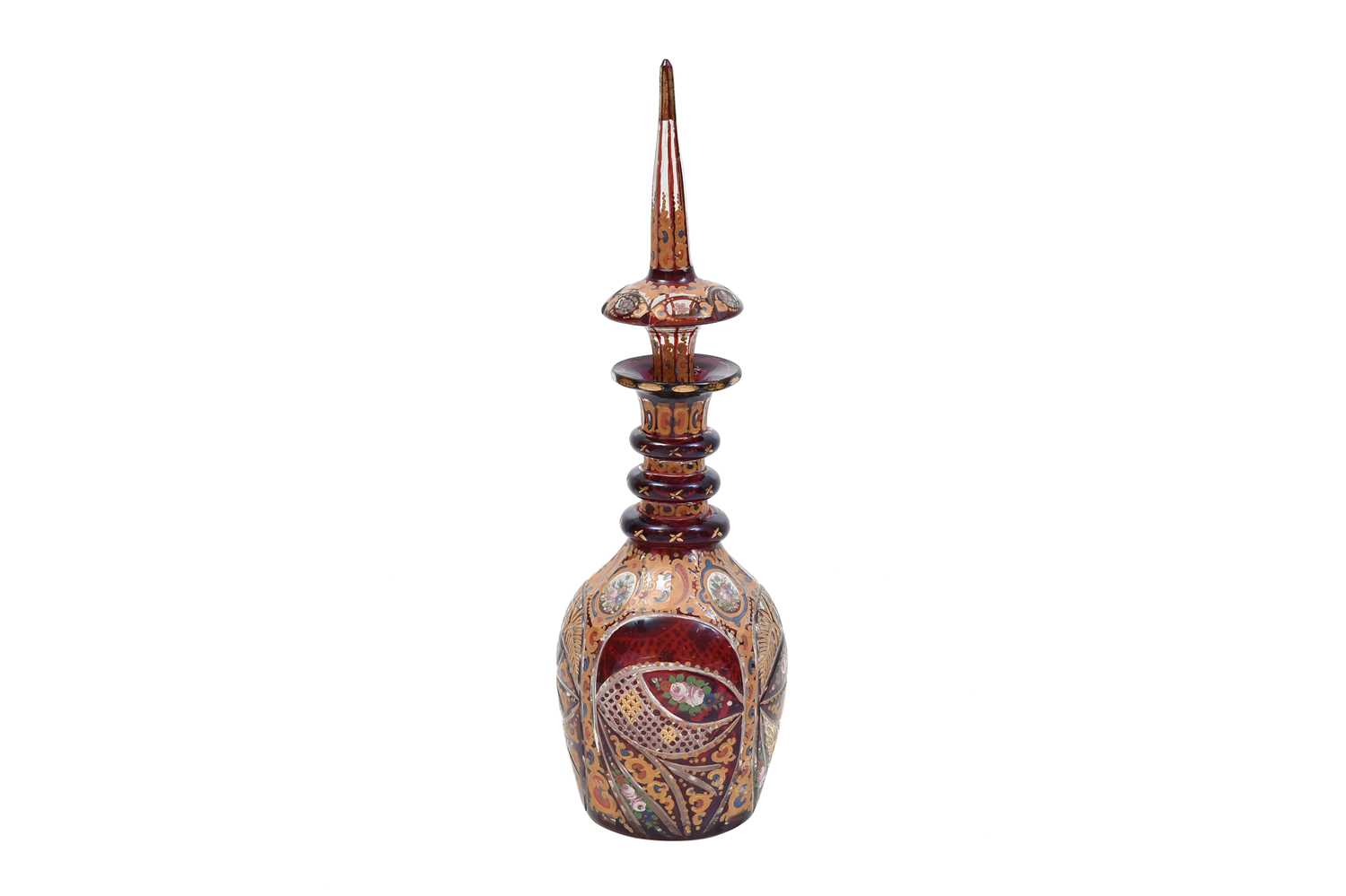 Lot 267 - AN INTACT RED AND GILT BOHEMIAN URANIUM CUT-GLASS SPIRIT DECANTER FOR THE IRANIAN EXPORT MARKET