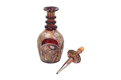 Lot 267 - AN INTACT RED AND GILT BOHEMIAN URANIUM CUT-GLASS SPIRIT DECANTER FOR THE IRANIAN EXPORT MARKET