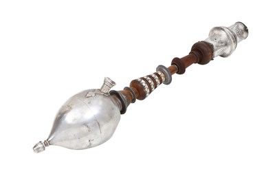 Lot 118 - AN IRANIAN SILVER-PLATED COPPER WATER PIPE (QALYAN) SET WITH ITS WOODEN STEM, SILVER BOWL AND STAND