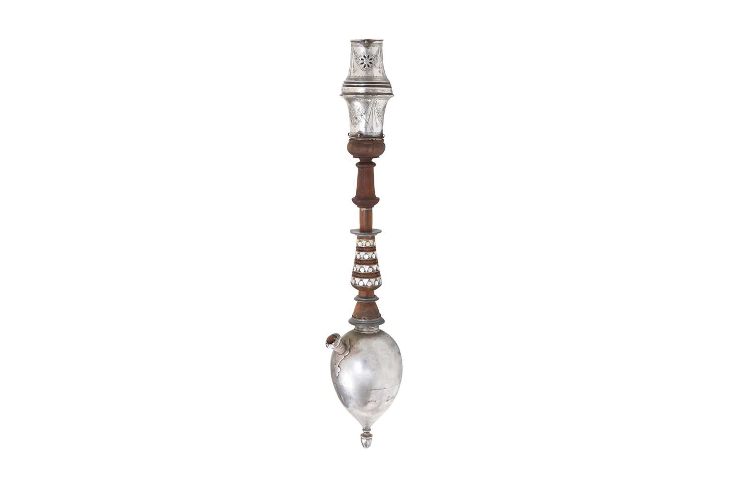 Lot 118 - AN IRANIAN SILVER-PLATED COPPER WATER PIPE (QALYAN) SET WITH ITS WOODEN STEM, SILVER BOWL AND STAND