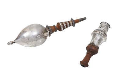 Lot 118 - AN IRANIAN SILVER-PLATED COPPER WATER PIPE (QALYAN) SET WITH ITS WOODEN STEM, SILVER BOWL AND STAND