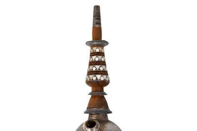 Lot 118 - AN IRANIAN SILVER-PLATED COPPER WATER PIPE (QALYAN) SET WITH ITS WOODEN STEM, SILVER BOWL AND STAND