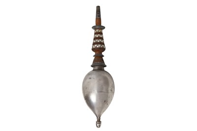 Lot 118 - AN IRANIAN SILVER-PLATED COPPER WATER PIPE (QALYAN) SET WITH ITS WOODEN STEM, SILVER BOWL AND STAND