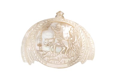 Lot 207 - A MOTHER-OF-PEARL SHELL CARVING DEPICTING JESUS' ENTRY TO JERUSALEM
