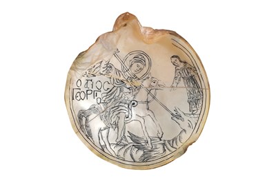 Lot 209 - A MOTHER-OF-PEARL SHELL ETCHING DEPICTING SAINT GEORGE SLAYING THE DRAGON