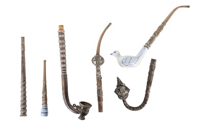 Lot 179 - A COLLECTION OF FOUR OTTOMAN SILVER AND WHITE METAL FILIGREE PIPE FITTINGS AND TWO PIPES