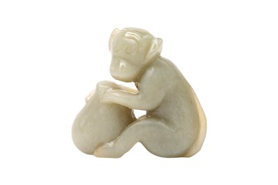 Lot 2 - A CHINESE CELADON JADE CARVING OF A MONKEY WITH A PEACH