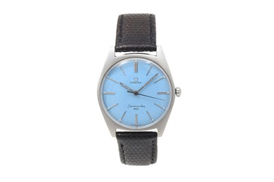 Lot 8 - AN UNISEX OMEGA STAINLESS STEEL BLUE DIAL WRISTWATCH.