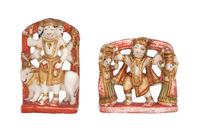 Lot 168 - A PAIR OF GILDED AND PAINTED ALABASTER HINDU FIGURES