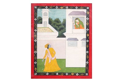 Lot 102 - A PAINTING FROM THE RASIKAPRIYA BY KESHAVADASA DEPICTING KRISHNA E RADHA