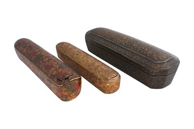 Lot 201 - THREE LARGE KASHMIRI LACQUERED PAPIER-MÂCH´É PEN BOXES (QALAMDAN)