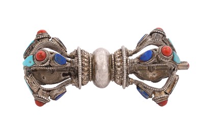 Lot 97 - A TIBETAN WHITE METAL VAJRA SET WITH TURQUOISE, CORAL AND LAPIS CABOCHONS