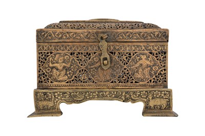 Lot 64 - A QAJAR BRASS ENGRAVED AND PIERCED CASKET