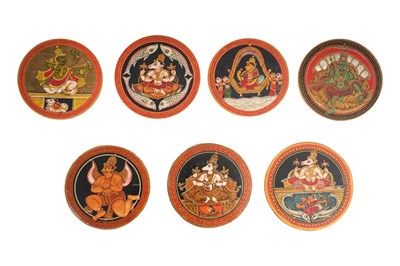 Lot 203 - SEVEN LACQUERED PAPIER-MÂCHE PLAYING CARDS FROM A DASHAVATARA GANJIFA SET