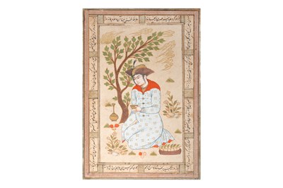 Lot 111 - A SAFAVID-STYLE PAINTING OF A YOUTH WITH POETIC CALLIGRAPHY