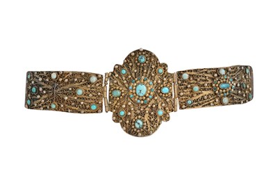 Lot 157 - AN OTTOMAN GILT-METAL FILIGREE (TELKARI) AND TURQUOISE BELT BUCKLE