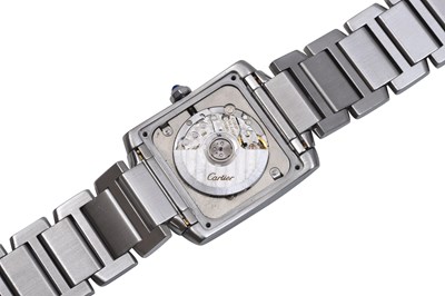 A UNISEX CARTIER AUTOMATIC STAINLESS STEEL BRACELET WATCH.