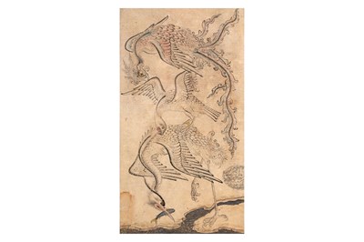 Lot 110 - A PERSIAN DRAWING OF A SIMURGH AND TWO BIRDS CHASING A FISH