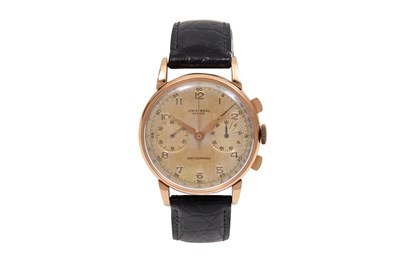 Lot 82 - A RARE VINTAGE MEN’S UNIVERSAL GENEVE 18K ROSE GOLD MANUAL WRISTWATCH.