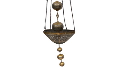 Lot 53 - A MAMLUK REVIVAL SILVER-INLAID HANGING MOSQUE LAMP