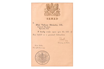 Lot 83 - AN OFFICIAL PRINTED INDIAN SANAD (APOSTILLE) FROM THE VICEROY OF INDIA, ARCHIBALD P. WAVELL