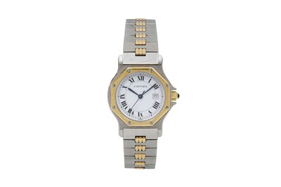 AN ELEGANT CARTIER LADIES AUTOMATIC STAINLESS STEEL AND 18K YELLOW GOLD BRACELET WATCH.