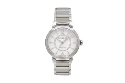 A CONCORD LADIES STAINLESS STEEL BRACELET WATCH.