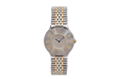 Lot 85 - A CARTIER LADIES STAINLESS STEEL AND YELLOW GOLD QUARTZ BRACELET WATCH.