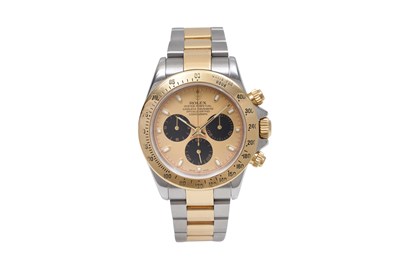 AN ELEGANT MEN’S ROLEX STAINLESS STEEL AND 18K GOLD AUTOMATIC CHRONOGRAPH BRACELET WATCH.