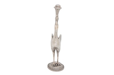 Lot 321 - A STORK-SHAPED INDIAN PARCEL-GILT SILVER ROSEWATER SPRINKLER (GULABPASH)