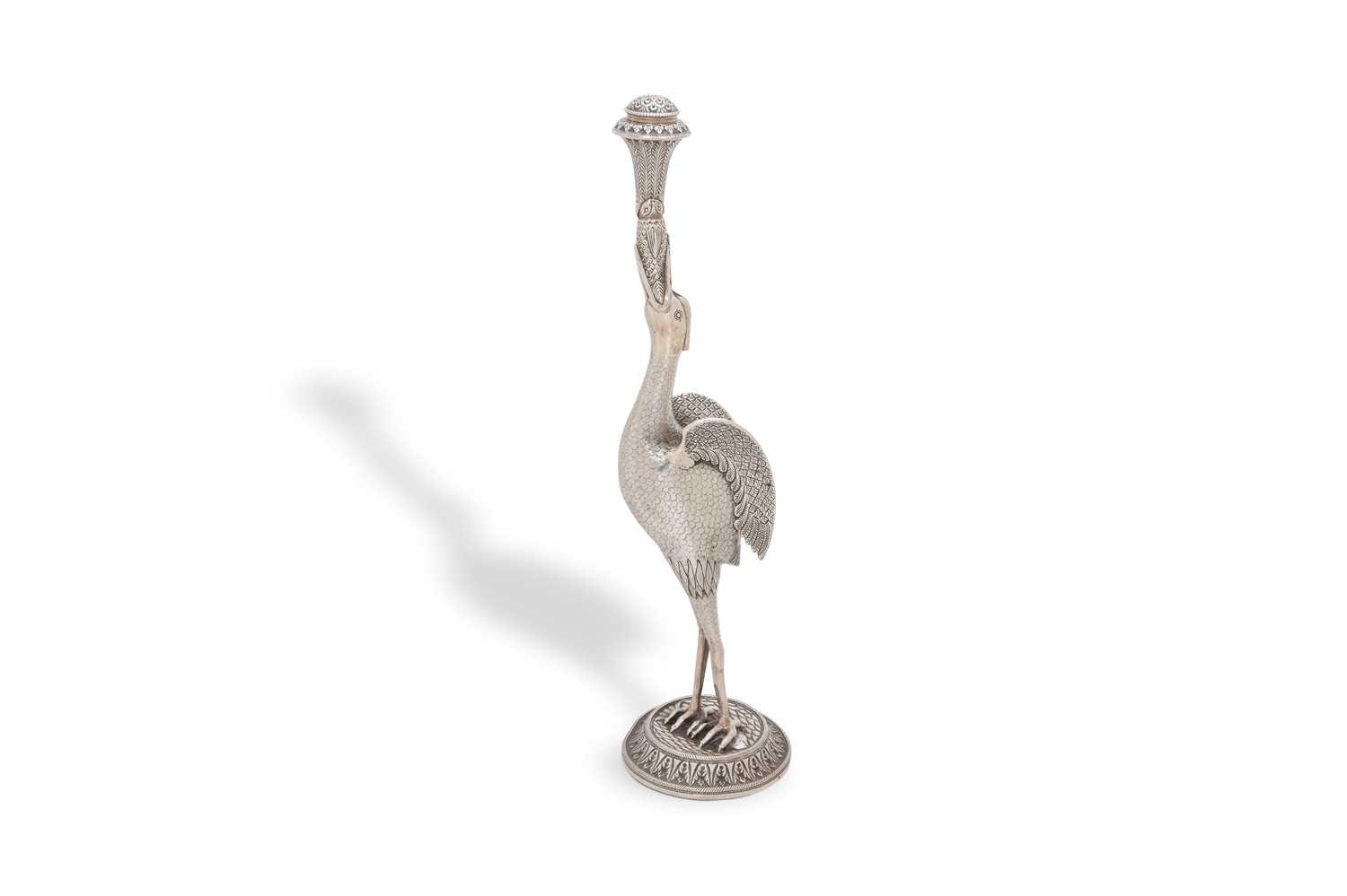 Lot 321 - A STORK-SHAPED INDIAN PARCEL-GILT SILVER ROSEWATER SPRINKLER (GULABPASH)