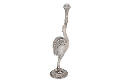 Lot 321 - A STORK-SHAPED INDIAN PARCEL-GILT SILVER ROSEWATER SPRINKLER (GULABPASH)
