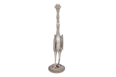 Lot 321 - A STORK-SHAPED INDIAN PARCEL-GILT SILVER ROSEWATER SPRINKLER (GULABPASH)