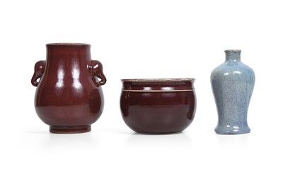 Lot 12 - A CHINESE JUN-TYPE VASE, A SANG DE BOEUF HU VASE AND AN INCENSE BURNER