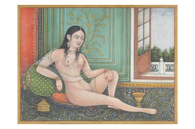 Lot 38 - AN EROTIC PORTRAIT OF A MUGHAL COURTIER IN A LAVISH INTERIOR