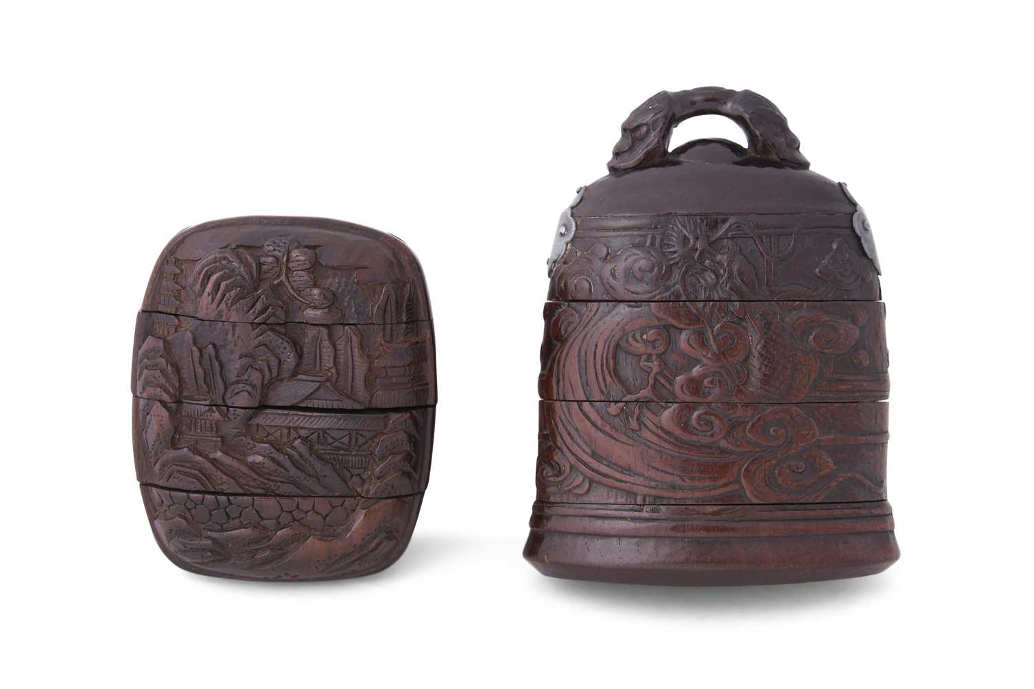 Lot 66 - A JAPANESE THREE-CASE INRO BY HIDARI ISSAN (1804 — 1857) AND A TWO-CASE BELL-SHAPED INRO