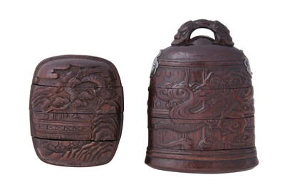 Lot 66 - A JAPANESE THREE-CASE INRO BY HIDARI ISSAN (1804 — 1857) AND A TWO-CASE BELL-SHAPED INRO