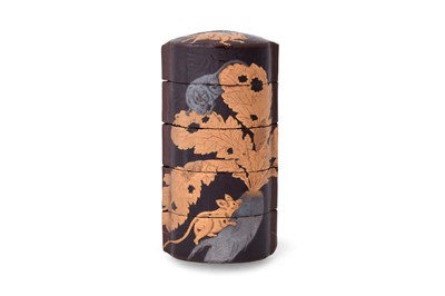 Lot 63 - A JAPANESE BLACK LACQUER FOUR-CASE ‘RATS’ INRO