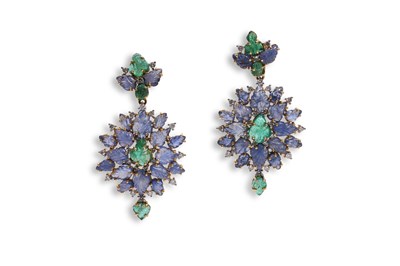 Lot 14 - A PAIR OF CARVED COLOURED GEM-SET FLOWER EARRINGS