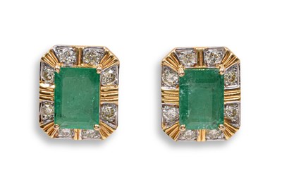 Lot 101 - A PAIR OF EMERALD AND DIAMOND-SET STUD EARRINGS