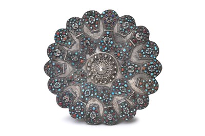 Lot 187 - AN OTTOMAN SILVER MIRROR SET WITH TURQUOISE AND GARNETS