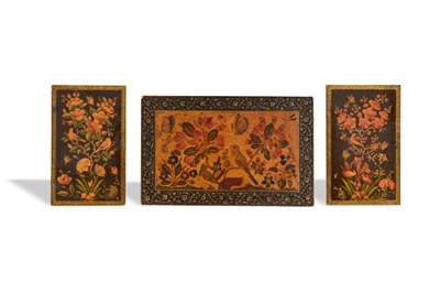 Lot 124 - THREE QAJAR LOOSE LACQUERED PAPIER-MÂCHÉ BOOK BINDINGS WITH GOL O BOLBOL MOTIF