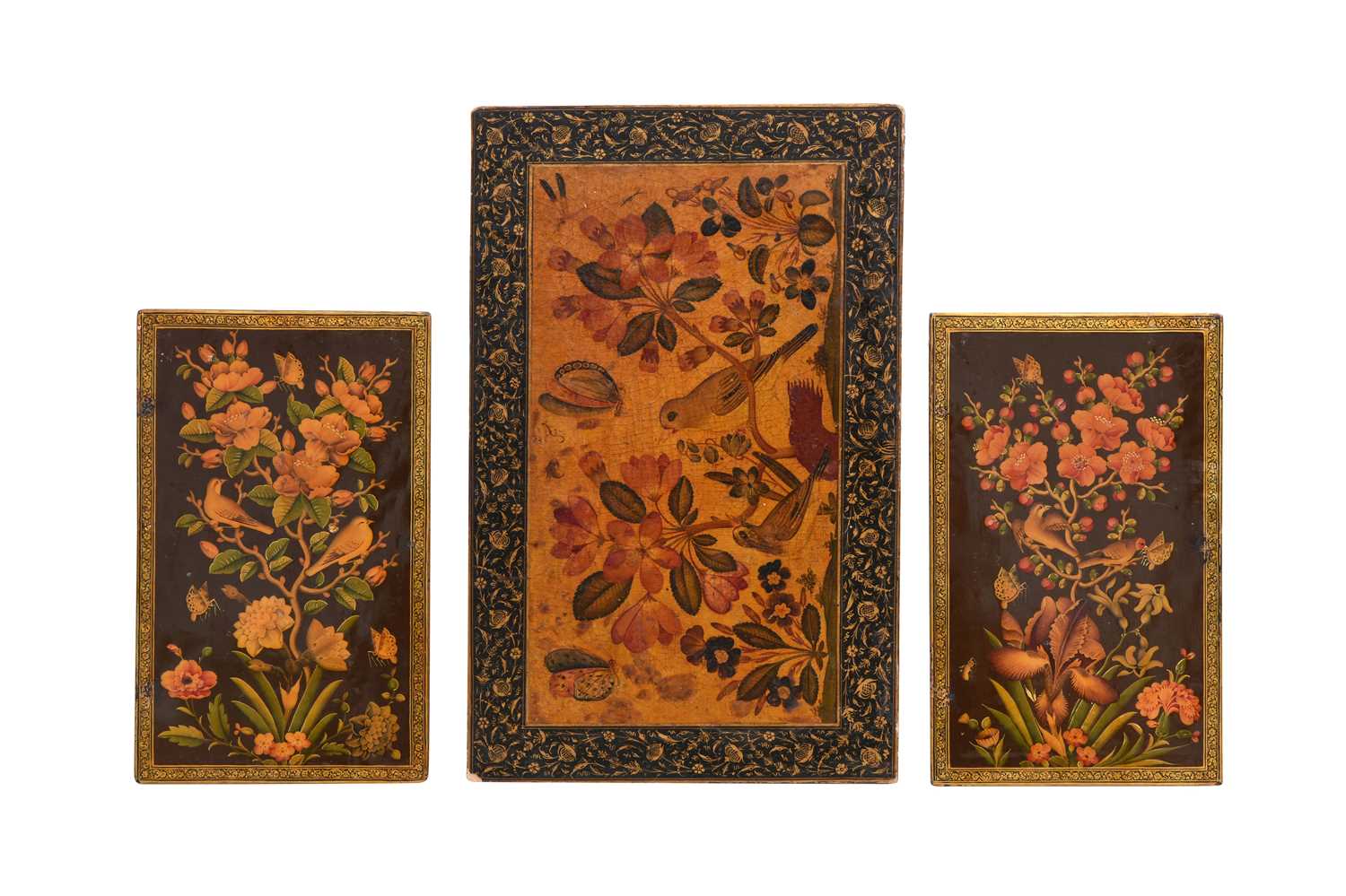 Lot 99 - THREE LACQUERED PAPIER-MÂCHÉ BOOK BINDINGS WITH GOL O BOLBOL MOTIF