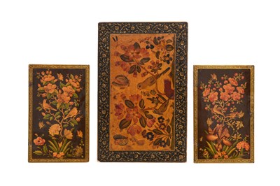 Lot 99 - THREE LACQUERED PAPIER-MÂCHÉ BOOK BINDINGS WITH GOL O BOLBOL MOTIF