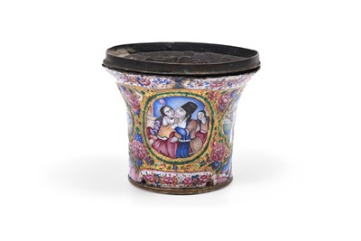 Lot 133 - A POLYCHROME-PAINTED ENAMELLED COPPER QALYAN CUP WITH QAJAR YOUTHS AND MAIDENS