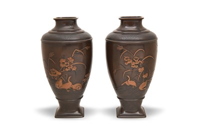 Lot 104 - A PAIR OF BRONZE 'WILD GEESE' VASES BY THE MIYAO EISUKE COMPANY